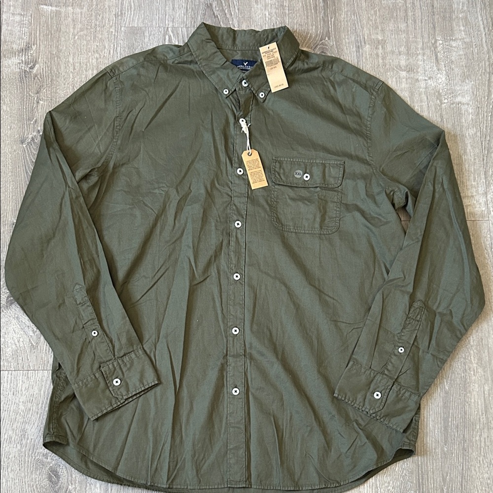 American Eagle Men’s Button-Down Shirt – Olive Green – Size XXL